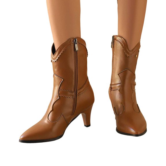 Womens Mid Calf Pointed Toe Cowboy Boots Wild Calf Slip On Ankle Boots Fashion Kitten Heel Pull On Ladies Western Cowgirl Booties Brown Size 6