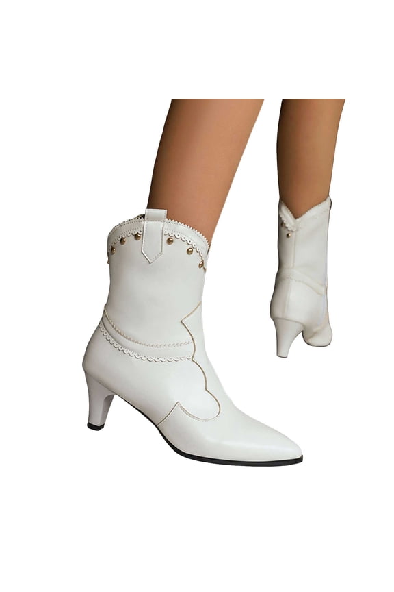 Womens Mid Calf Pointed Toe Cowboy Boots Wild Calf Slip On Ankle Boots Fashion Kitten Heel Pull On Ladies Western Cowgirl Booties White Size 6