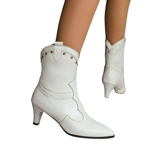 Womens Mid Calf Pointed Toe Cowboy Boots Wild Calf Slip On Ankle Boots Fashion Kitten Heel Pull On Ladies Western Cowgirl Booties White Size 7.5