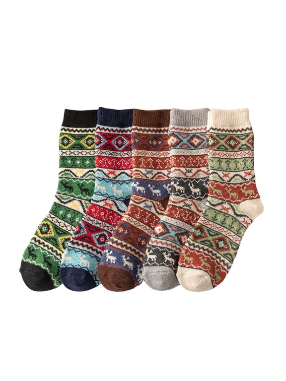Womens Mid Calf Socks Rabbit Blend Thick Warm Knit Ethnic Geometric Deer Pattern Crew Socks Set Winter Thermal Cozy Boot Socks Vintage Folk Art Ankle Gift Pack