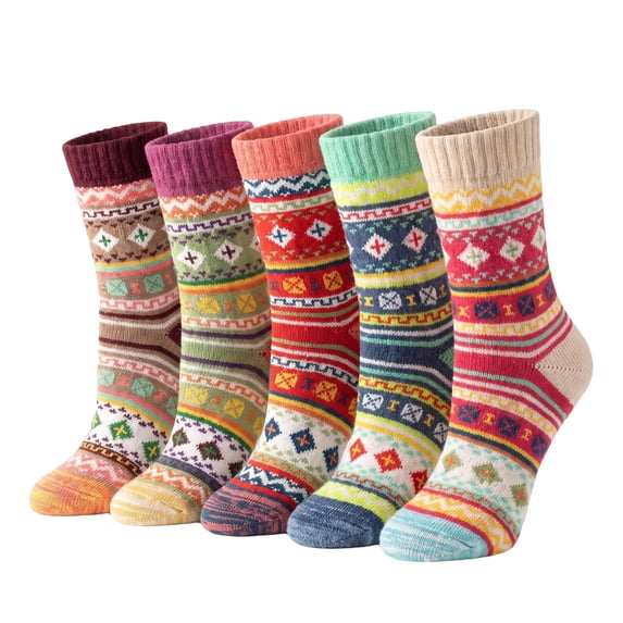 Womens Mid Calf Socks Thick Warm Knit Winter Casual Crew Socks With Cross Floral Geometric Pattern 5 Pairs