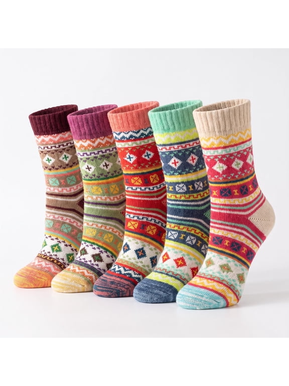 Womens Mid Calf Wool Blend Socks Thick Warm Knit Crew Socks with Geometric Cross Floral Pattern Ethnic Style 5 Pack