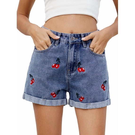 Womens Mid-High Waisted Cherry Embroidery Denim Jean Shorts Cutoff Stretchy Summer Hot Short Pants Blue S