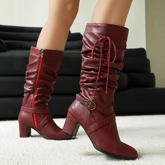 Womens Mid Knee High Boots Heel Slouchy Metal Side Zipper Fashion Winter Shoes