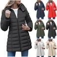 thumbnail image 1 of Womens Mid Length Coat Full Zip Hooded Padded Coats Two Way Zipper Tailored Waist Jacket Casual Quilted Down Jackets Outdoor Sport Warm Outerwear with Pockets, 1 of 7