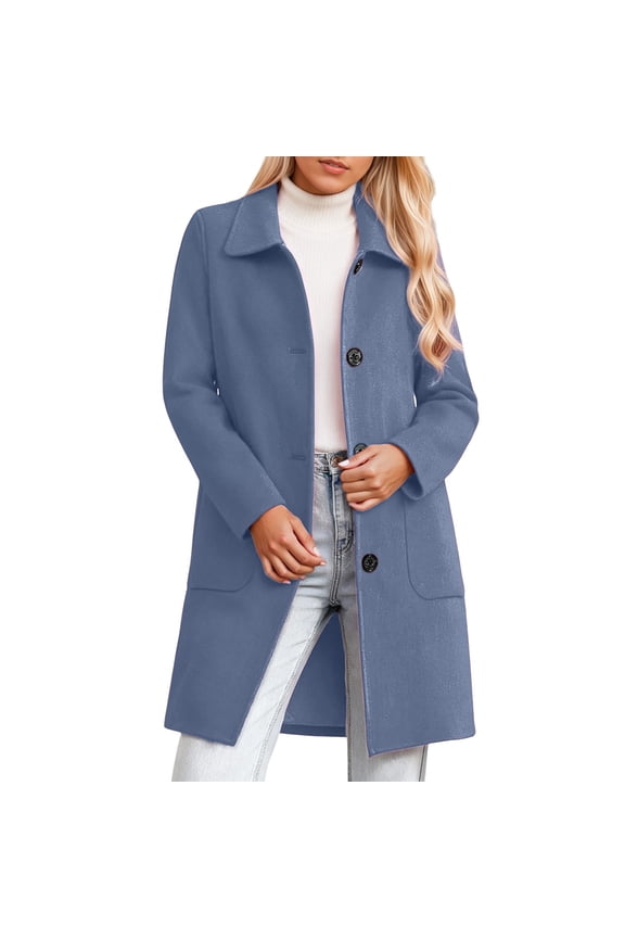 Womens Mid Length Coat With Notch Lapel Breasted Button Front Pockets Long Sleeve Winter Outerwear For Cold Weather