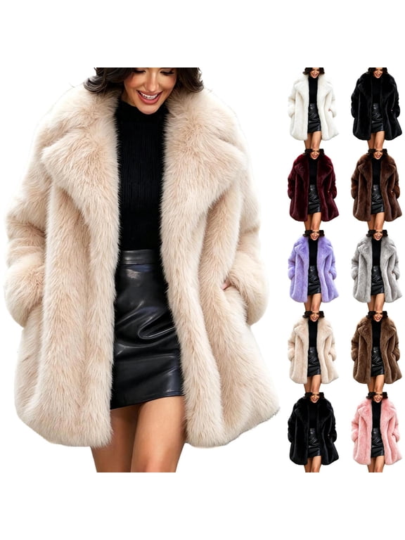 Womens Mid Length Faux Fur Coat Oversized Lapel Open Front Furry Overcoat Elegant Warm Winter Fluffy Outerwear with Pockets
