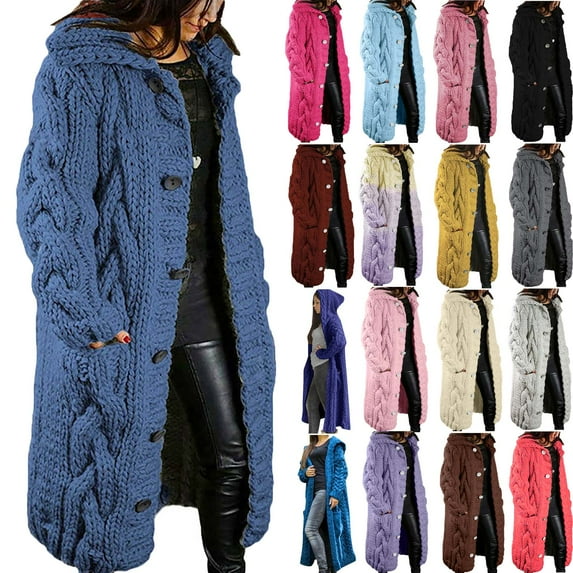 Womens Mid Length Hooded Cardigans Sherpa Sweater Thicken Winter Warm Chunky Cable Knit Outerwear Coat with Pocket