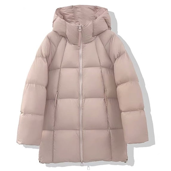 Womens Mid Length Hooded Puffer Jacket Solid Color Thick Zip Up Pocket For Winter Fashion Womens Winter Coats