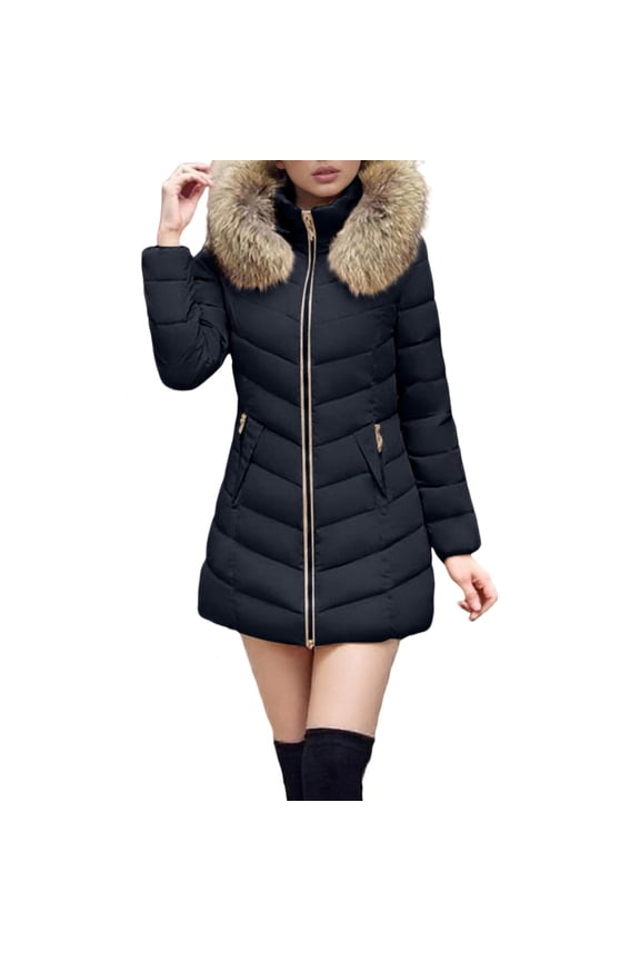 Womens Mid Length Puffer Coat with Faux Fur Trim Hood Long Sleeve Full-zip Plus Size Winter Jackets Zipper Pockets (5XL, Black)