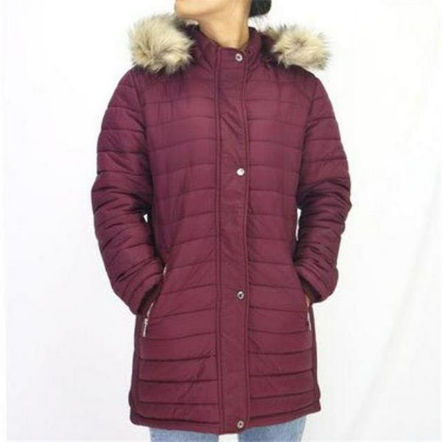 Womens Mid-Length Quilted Jacket&#44; Burgundy - Case of 12