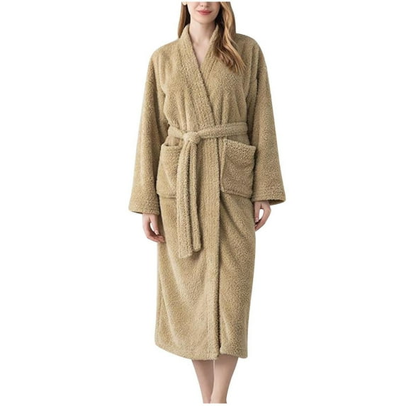 Womens Mid Length Robes, Wrap V-Neck Long Sleeve Bathrobes with Belt Winter Warm Soft Cozy Fleece Solid Color Robes for Bathroom