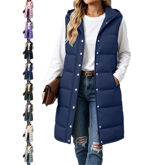 Womens Mid Length Vest Hooded Sleeveless Zip Front Casual Fall Winter Vest