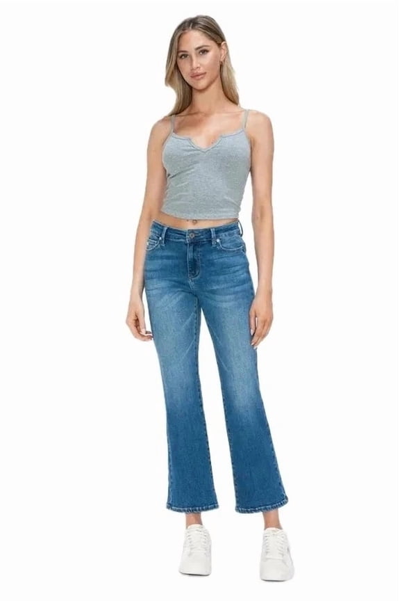 Womens Mid Rise Ankle Jeans Flared Leg in Cats Whiskers Vintage Wash Denim with Stretch for Casual Wear Full Size