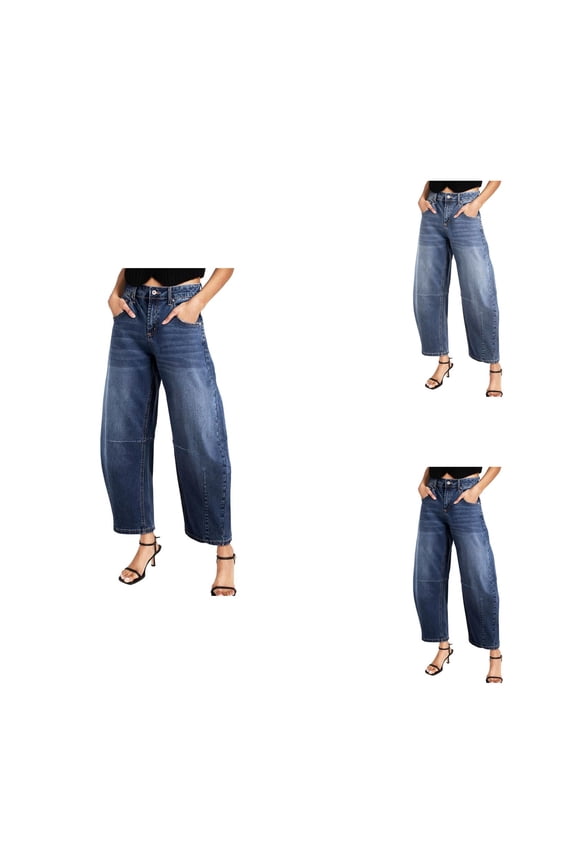 Womens Mid Rise Barrel Jeans Wide Leg Vintage Baggy Boyfriend Denim Pants with Pockets, Cropped Ankle Length