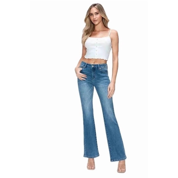 Womens Mid Rise Bootcut Jeans with Gentle Stretch Denim Blue Wash Vintage Fade for Everyday Casualwear Flattering Fit