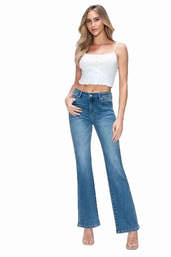 Womens Mid Rise Bootcut Jeans with Gentle Stretch Denim Blue Wash Vintage Fade for Everyday Casualwear Flattering Fit