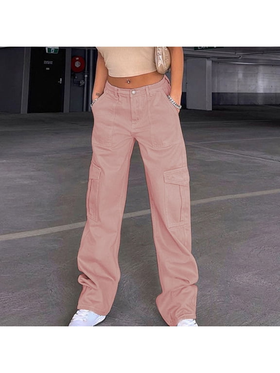 Womens Mid Rise Cargo Pants Straight Wide Leg Denim Simulation Jean Trouser Multi Pockets Fashion 90s Streetwear (Medium, Pink)