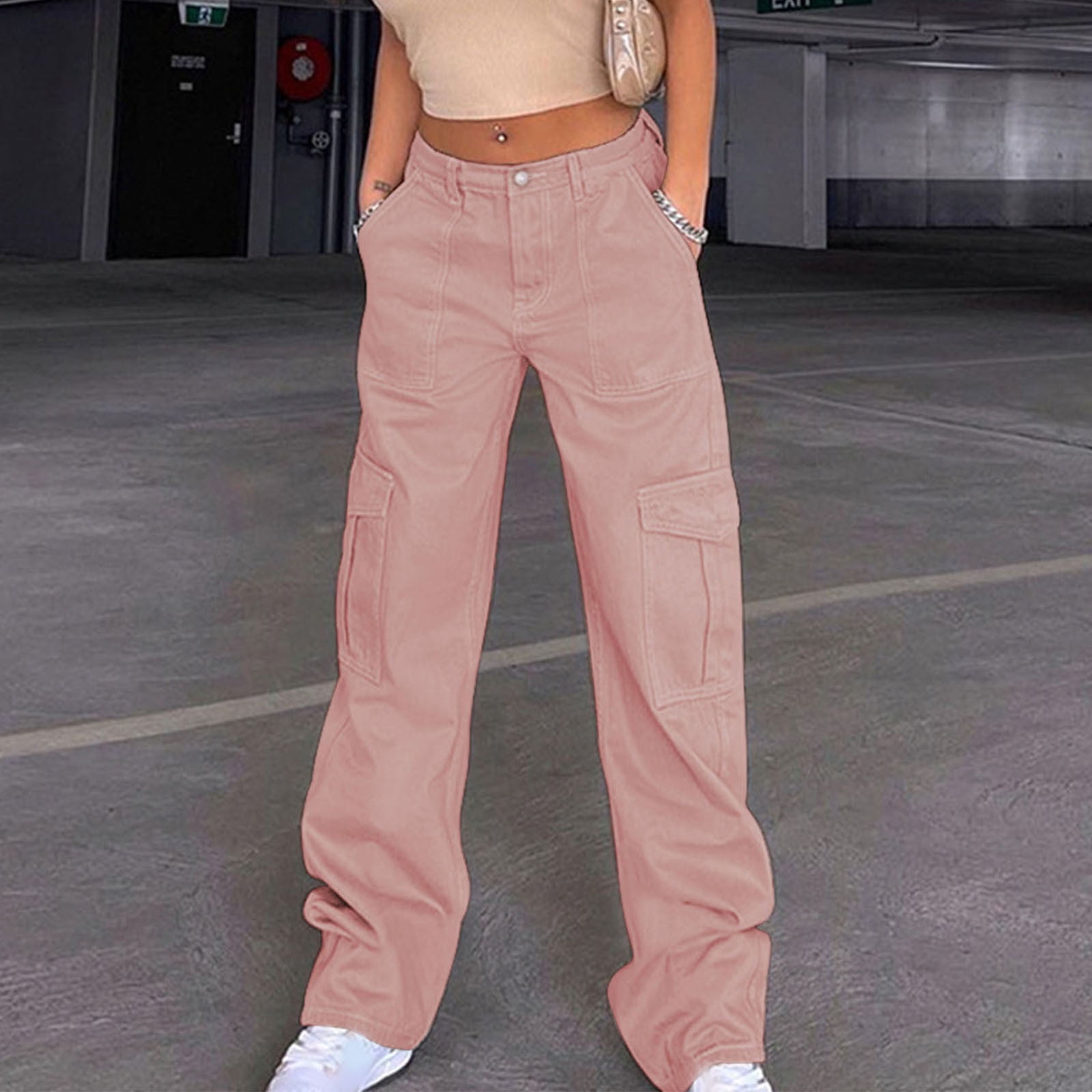 Womens Mid Rise Cargo Pants Straight Wide Leg Denim Simulation Jean Trouser  Multi Pockets Fashion 90s Streetwear (X-Large, Pink) - Walmart.com