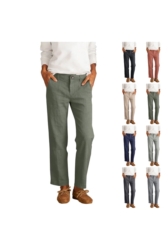 Womens Mid Rise Linen Pants Button Closure Straight Leg Casual Work Trousers Lightweight Breathable Side Pockets Summer Daily Casual Bottoms,L,#03 Army Green