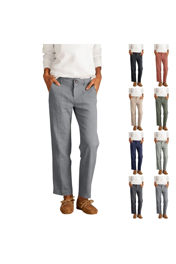 Womens Mid Rise Linen Pants Button Closure Straight Leg Casual Work Trousers Lightweight Breathable Side Pockets Summer Daily Casual Bottoms,M,#03 Gray