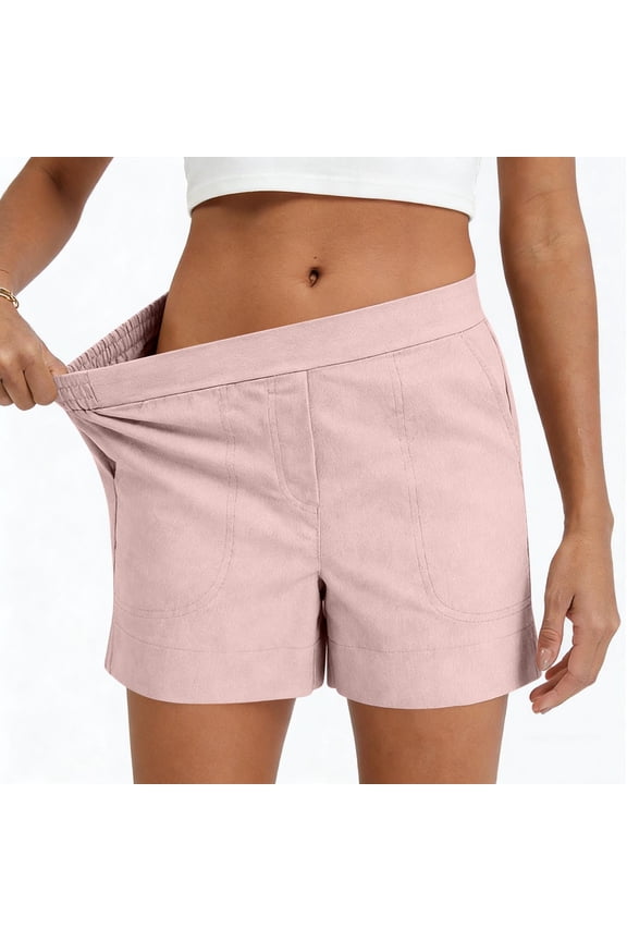 Womens Mid Rise Shorts Elastic Waisted Straight Leg Solid Color Pull On Summer Short for Women with Pockets 4th of July