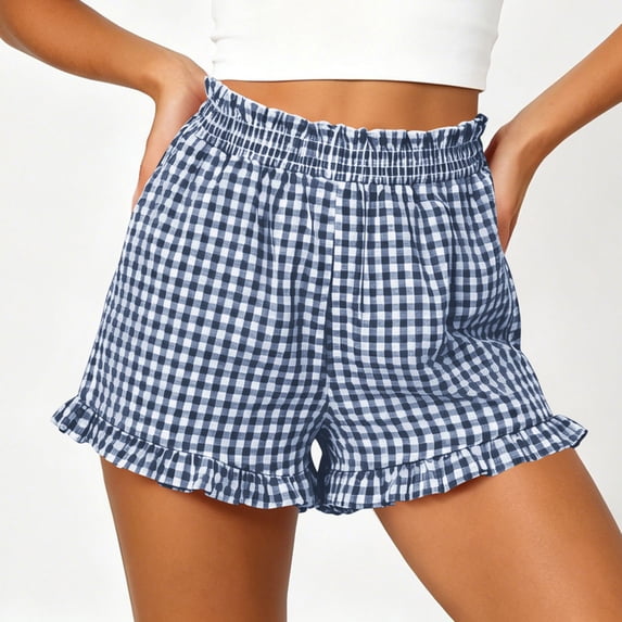 Womens Mid Rise Shorts with Pockets Plaid Printed Wide Leg Ruffled Hem Elastic Waisted Summer Beach Short for Women