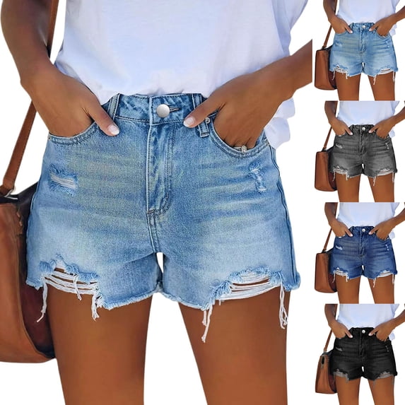 Womens Mid Rise Stretchy Cut Off Denim Shorts Distressed Ripped Jean Shorts Blue 2XL