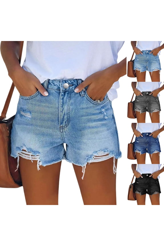 Womens Mid Rise Stretchy Cut Off Denim Shorts Distressed Ripped Jean Shorts Blue S