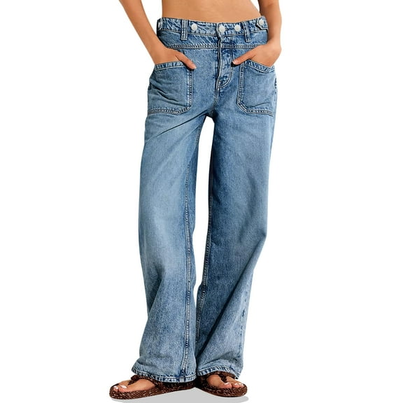 Womens Mid Rise Wide Leg Jeans Boyfriend Casual Denim Pants with Pockets