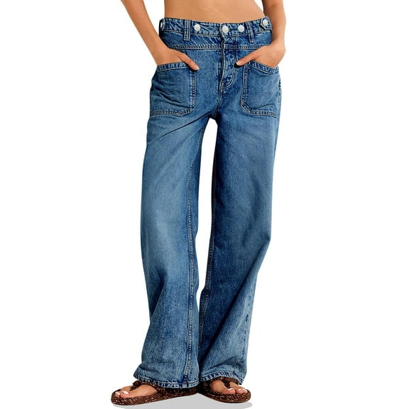 Womens Mid Rise Wide Leg Jeans Boyfriend Casual Denim Pants with Pockets