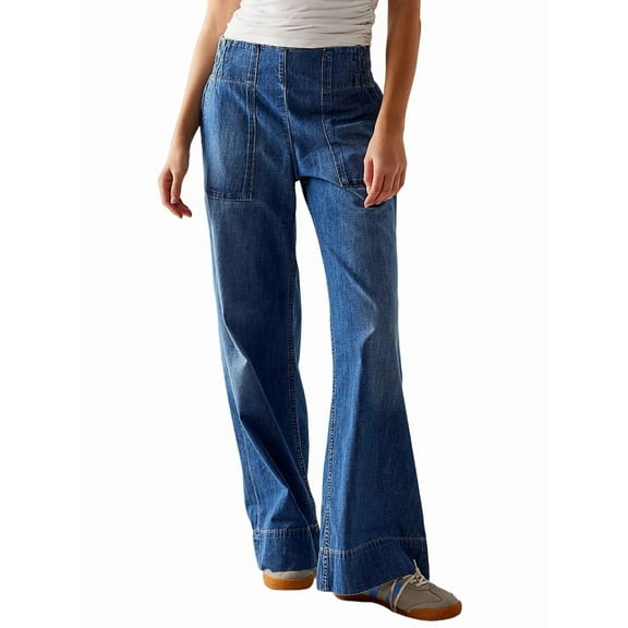 Womens Mid Rise Wide Leg Jeans Elastic Back Smocked Jeans Casual Trendy Baggy Pull on Denim Pants Blue S