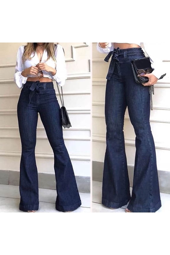 Womens Mid Waist Bell Bottom Stretchy Flare Jeans Pants