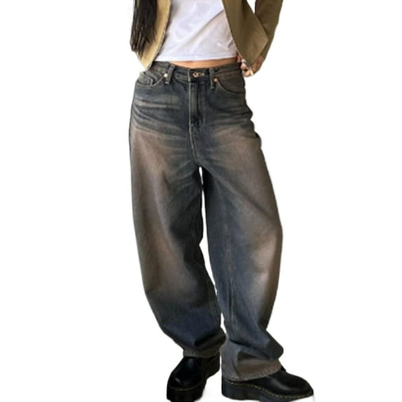 Womens Mid Waisted Wide Leg Jeans Pants Casual Straight Leg Baggy Jeans Washed Grunge Denim Trousers
