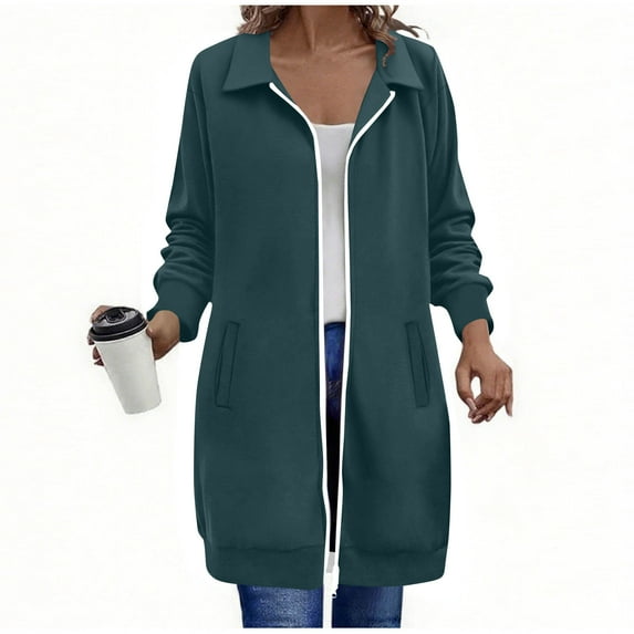 Womens Mid-length Jackets No Hood Casual Full-Zip Sweatshirt Coats with Pockets Lapel Neck Long Sleeve Outwear (2XL, Navy)