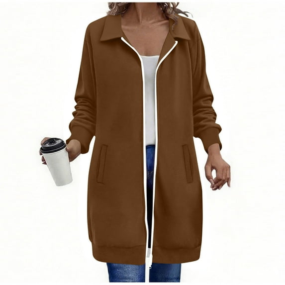 Womens Mid-length Jackets No Hood Casual Full-Zip Sweatshirt Coats with Pockets Lapel Neck Long Sleeve Outwear (M, Brown)