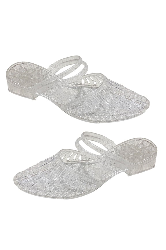 Womens Middle Heel Sandals Fashion Pointed Toe Slide Sandals with Hollowed Out PVC Colorful Jelly Slippers for