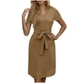 thumbnail image 1 of Womens Midi Dress Adjustable Belt Spring & Summer Short Sleeve Flowy Plain V-Neck Beach Vacation Holiday Dress Coffee S-2XL, 1 of 9