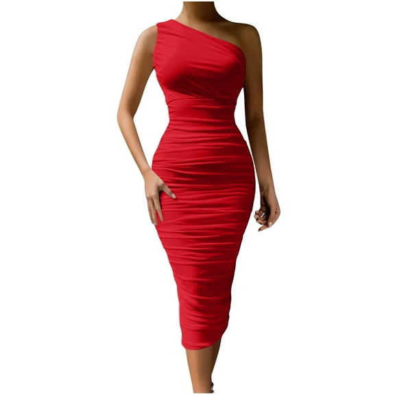Womens Midi Dress Bodycon Casual One Shoulder Sleeveless Basic Ruched Summer Club Party Dresses 2025