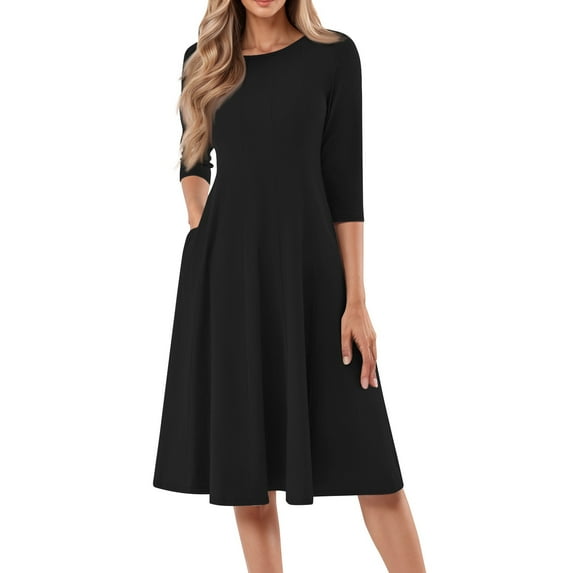 Womens Midi Dress Casual Round Neck 3/4 Sleeve Flowy A Line Dresses with Pockets Summer Elegant Classy Wedding Guest Dress