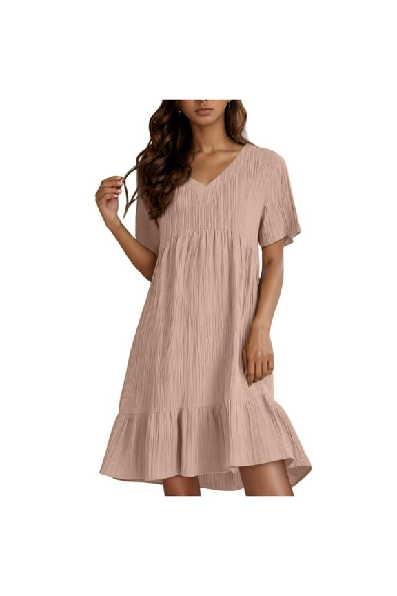 Womens Midi Dresses Boho Flowing Knee Length Cotton Linen Ruffle Tiered Layered Pleated Gauze Dresses Short Sleeve V Neck Birthday Shirt Dresses Pink L