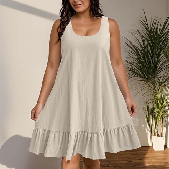 Womens Midi Dresses Plus Size Womens Loose Fitting Mini Sundress Linen V Neck Ruffle Short Dress for Vacation Holiday Daily Wear Beige XXL