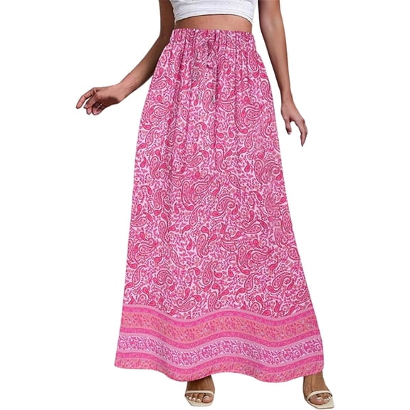 Womens Midi Length Skirts Summer Holiday Half Floral Print Leisure Activities Casual Boho Hot Pink Skirt M