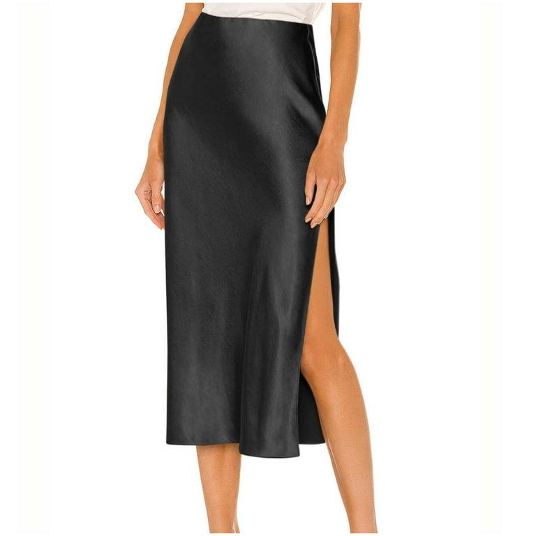 Womens Midi Skirt Elastic Waisted Solid Color Elegant Knee Length A Line Side Split Skirts Business Work Casual Outfits Black S