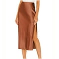 thumbnail image 1 of Womens Midi Skirt Elastic Waisted Solid Color Elegant Knee Length A-Line Side Split Skirts Business Work Casual Outfits (Brown,L), 1 of 4