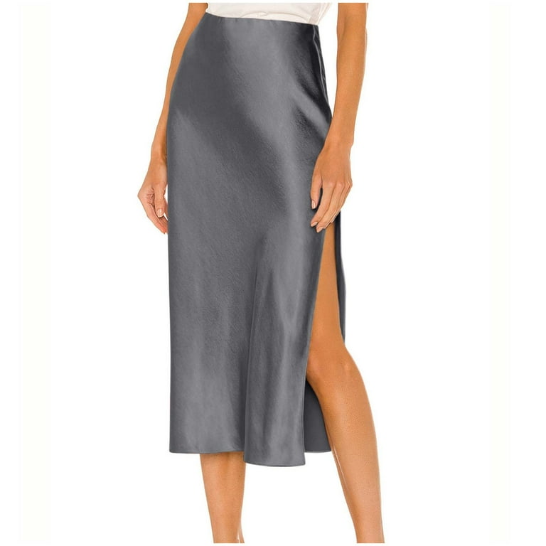 Womens Midi Skirt Elastic Waisted Solid Color Elegant Knee Length A Line Side Split Skirts Business Work Casual Outfits Gray L Walmart