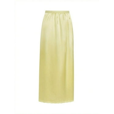Womens Midi Skirt Solid Color Elastic Waistband Long Length Stretchy Fabric Yellow Size S M L XL XXL