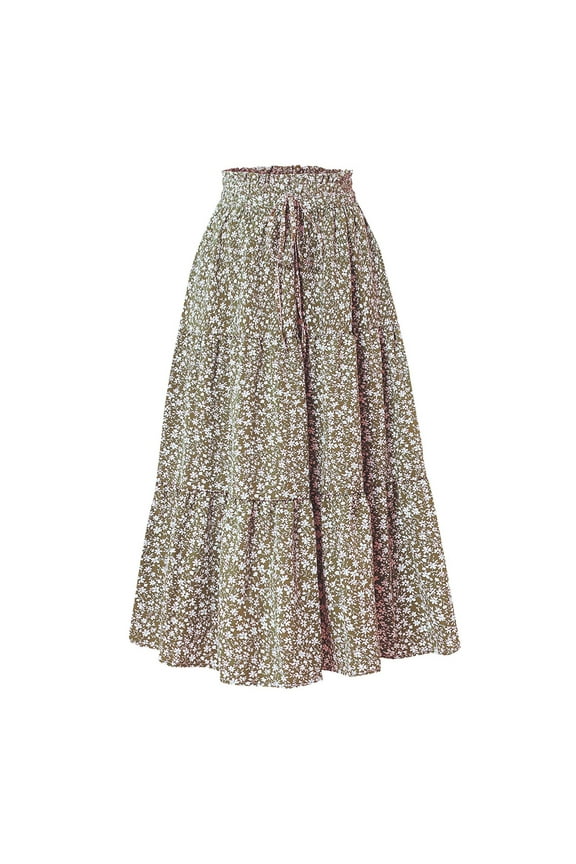 Womens Midi Skirt Stretchy Bohemian Floral High Waisted Drawstring Skirts Elastic Adjustable Tiered Pleated Layered Ankle Length Hippie Skirts Khaki S