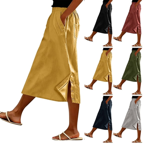 Womens Midi Skirt with Slit Cotton Linen Long Ankle Length A Line Skirt Lightweight Causal Boho Beach Summer Skirts Orange XL
