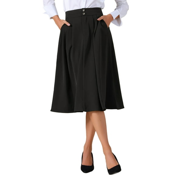 Womens Midi Skirts Flowy A-Line High Waisted Long Casual Skirt with Pockets 2025 L Black